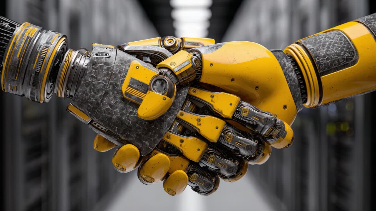 A Stunning Close-Up of Two Advanced Robotic Hands in a Firm Shake, Representing Cooperation and Unity in the World of Technology and Artificial Intelligence
