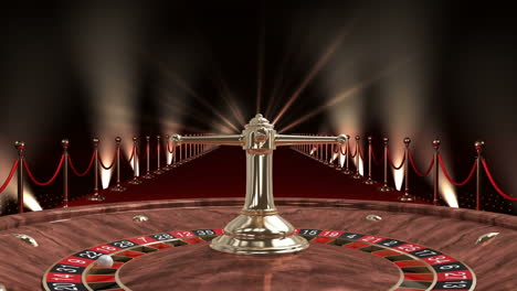 roulette wheel and ball with spotlight animation over red carpet and velvet ropes