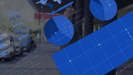 blue geometric shapes and data processing animation over urban street background