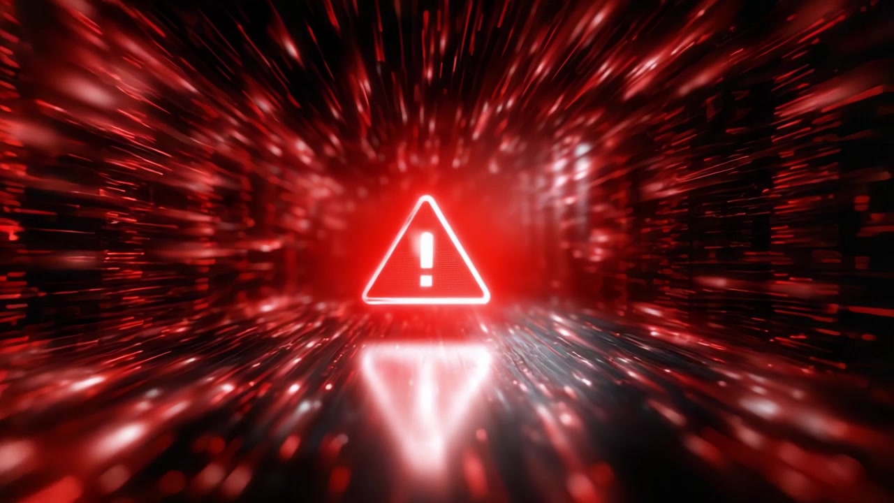 En dynamisk visualisering af advarselssymboler: Overgang fra forsigtighed til alarm i et digitalt miljø med pulserende røde lys og højhastighedsbevægelseseffekter