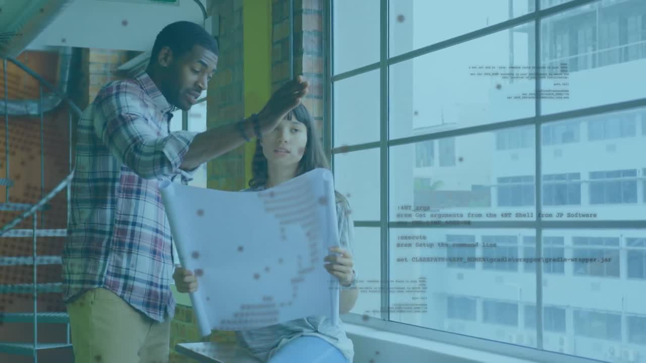 Animation of globe and data processing over diverse female and male coworkers in office