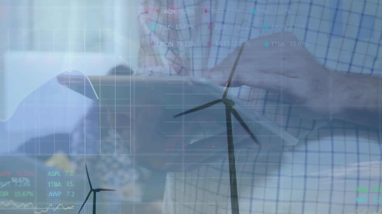 Animation of financial data processing over wind turbines man with tablet