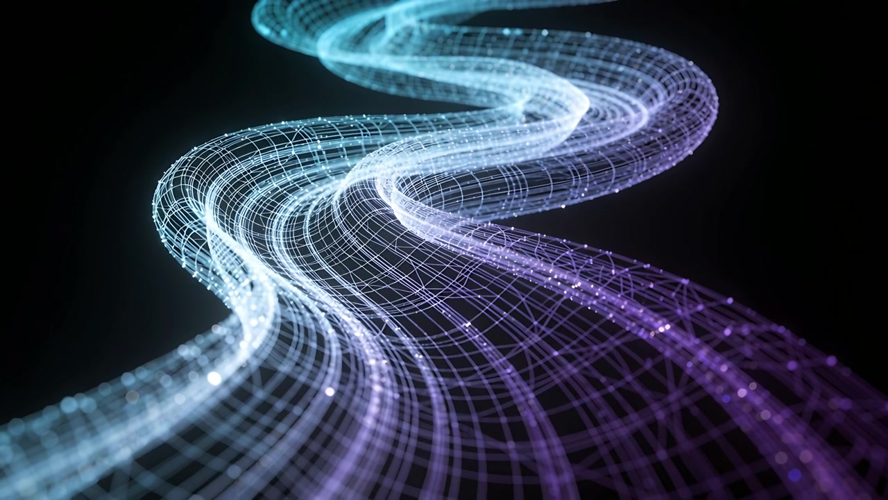 Sinuous mesh ribbon sweeping upward in black void on playback, creating steady motion with nodes
