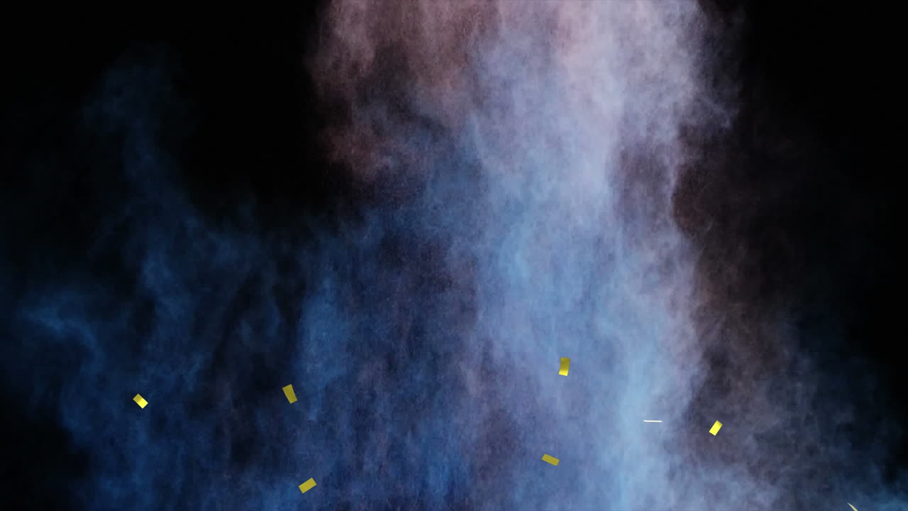 animación de confeti dorado cayendo, con polvo de color amarillo y verde arrojado sobre fondo negro