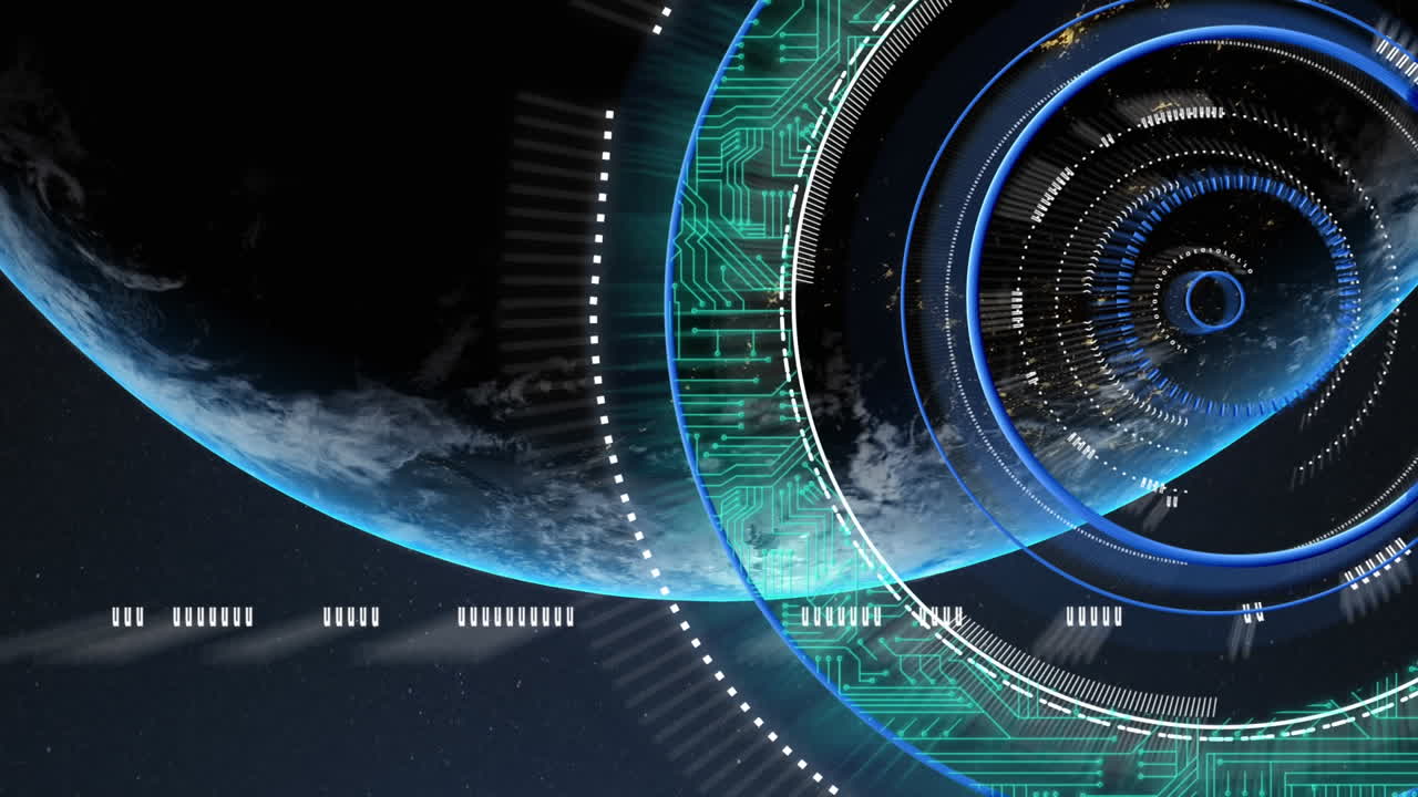 파란색 배경에 지구상에서 스 스캐닝과 회로 보드의 애니메이션