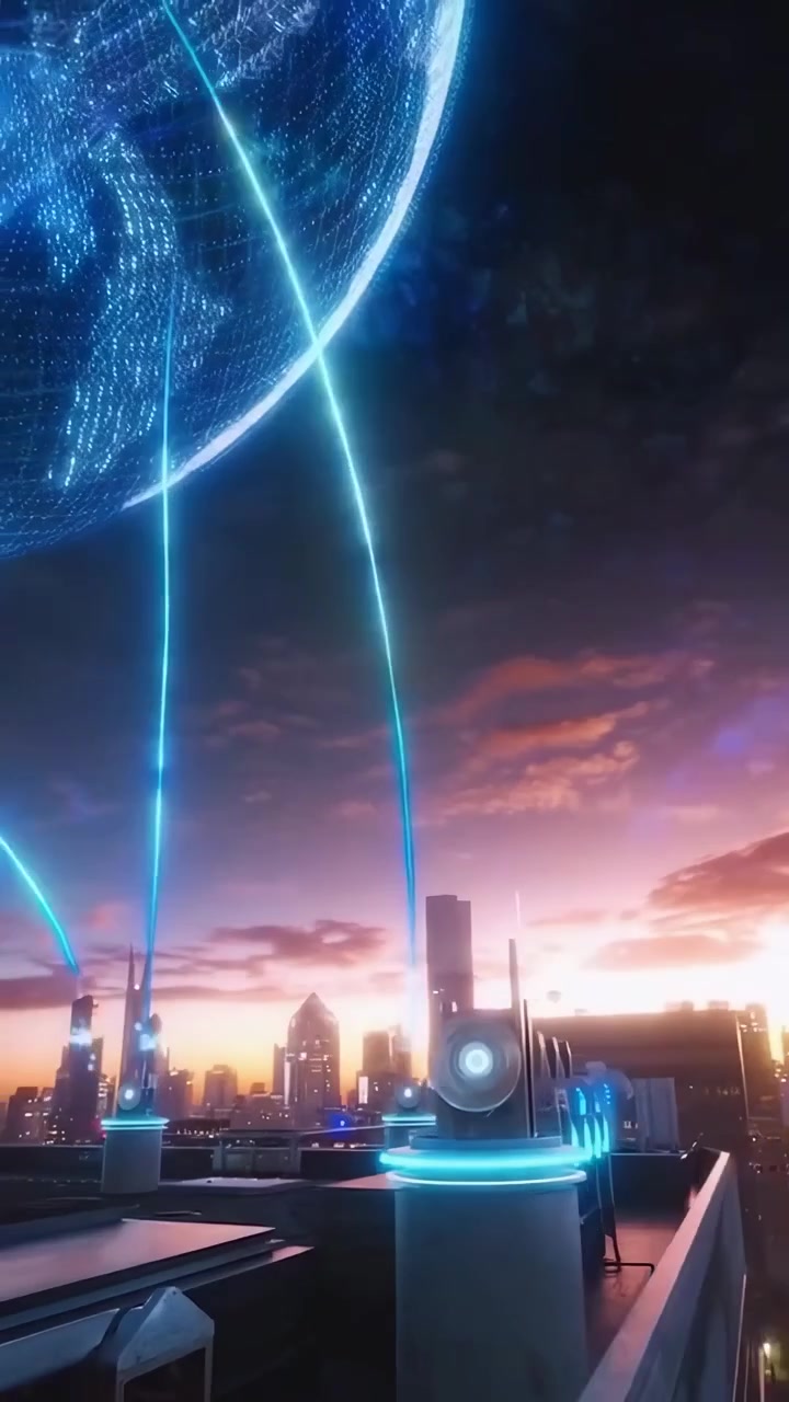Global Data Network Sphere Hovering Above a Smart City