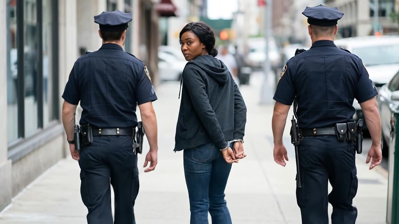 Back view of a person in handcuffs standing between two police officers on a city street