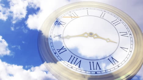 animation of happy new year text over clock moving fast on clouds background