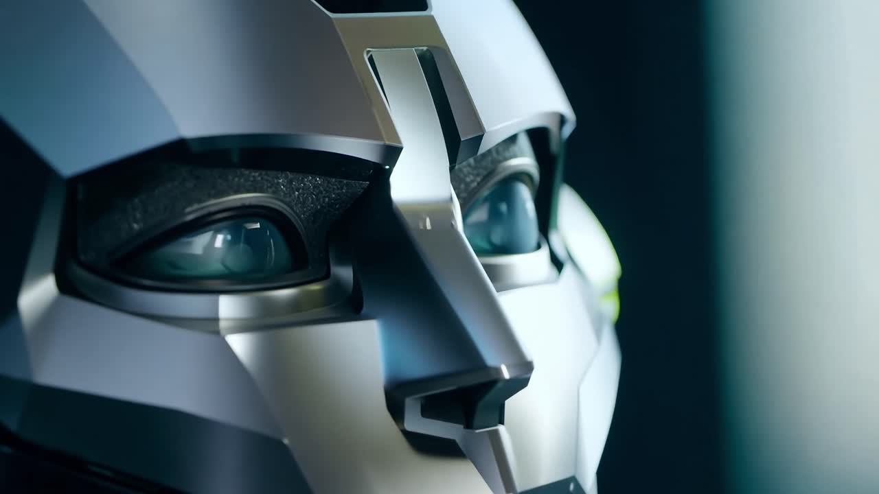 la faccia metallica del robot muove gli occhi, scansionando e osservando l'ambiente circostante con curiosità e precisione