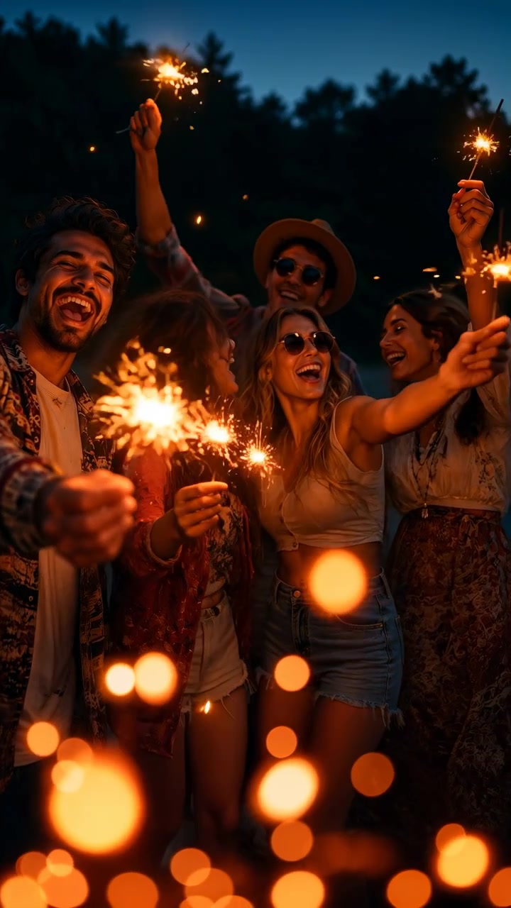 Celebração de grupo jovem capturada em sequência, desde a ignição inicial da faísca até o pico final: cinco amigos centralizados no quadro ao entardecer e à noite, segurando luzes acesas.