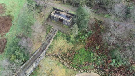 Fairy-tale-Rivington-historic-English-terraced-gardens-hillside-remains-aerial-descending-birdseye-view-at-Winter-hill