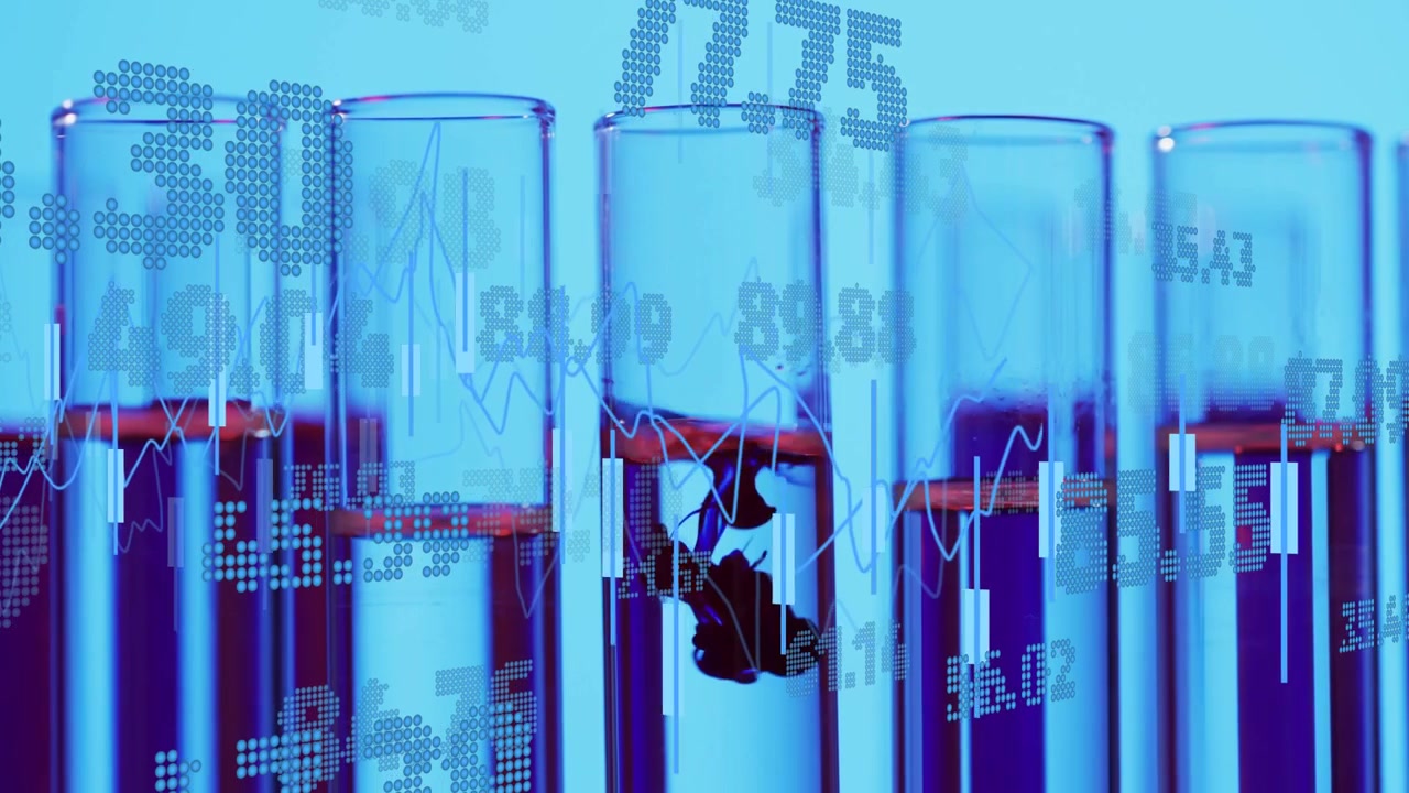 Test tubes with blue liquid showing dropper dropping dye, plumes diffusing for data visualization