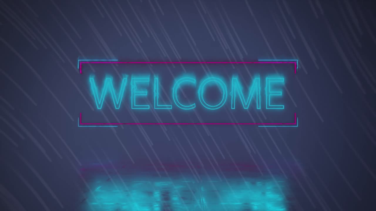Animation of light trails over neon welcome text banner against blue background