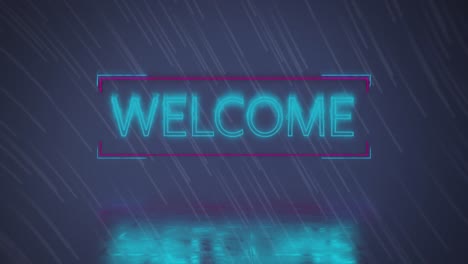 animation of light trails over neon welcome text banner against blue background