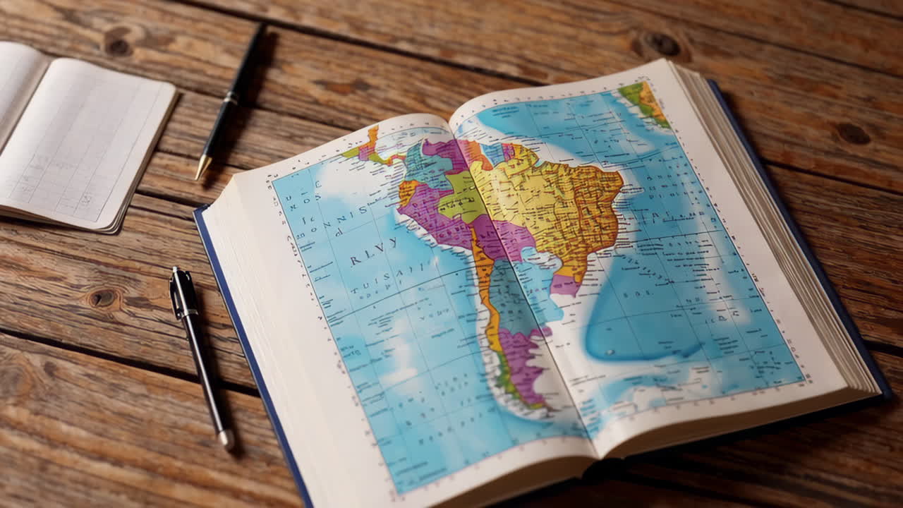 Open Book with South American Map on Wooden Desk