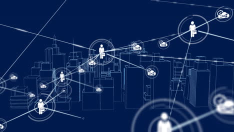 animación de la red de conexiones con las personas iconos sobre el modelo arquitectónico 3d del paisaje urbano