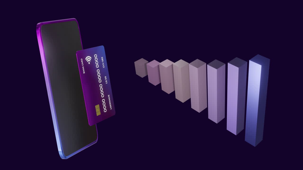Animation of smartphone and credit card with data over black background