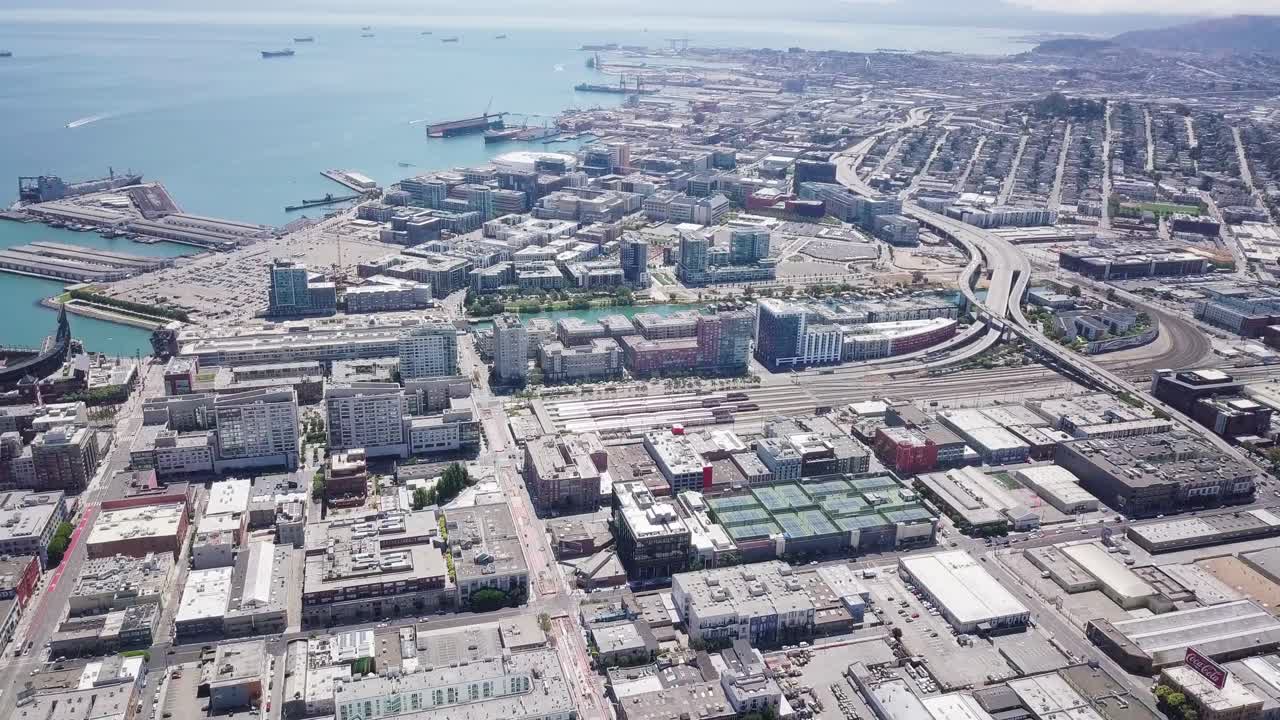 Slow pan across downtown San Francisco skyline on beautiful sunny clear day