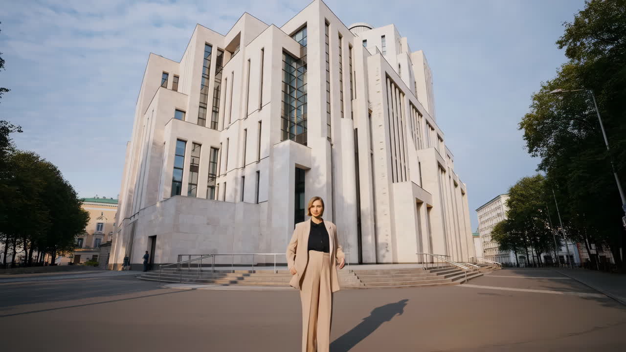 Professional Woman Posing in Front of a Grand Modern Building