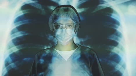 professional female doctor in mask posing on x-ray of chest