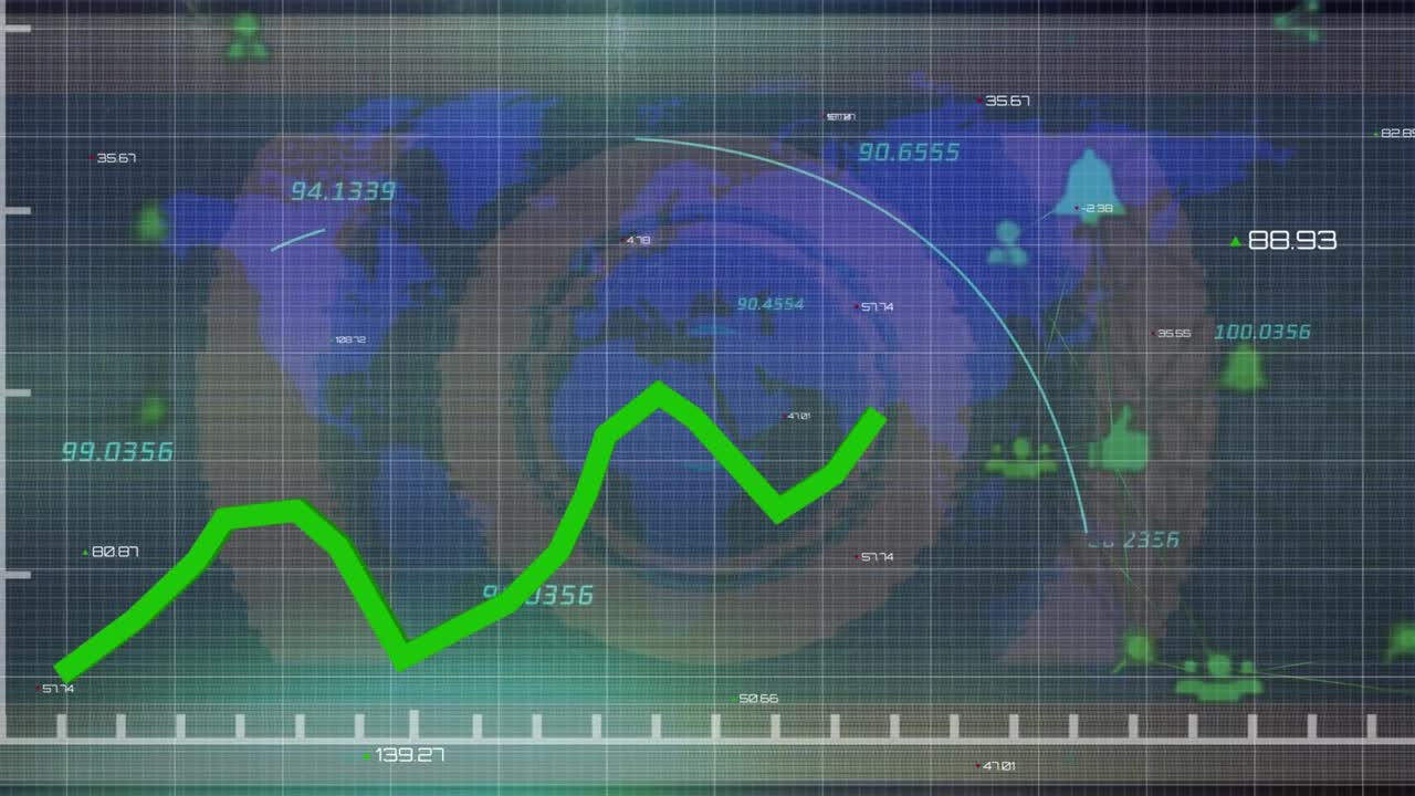 Animatie van een groene lijn en statistieken die worden verwerkt over een raster
