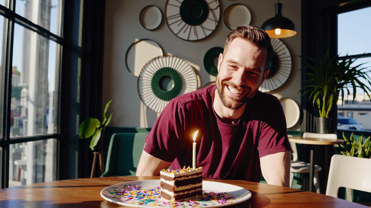 hombre vibrante celebrando su cumpleaños personal, saboreando una rebanada de pastel con una vela encendida en una mesa de café contemporánea, irradiando felicidad y alegría genuinas