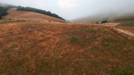 Flyover-Plains-With-Dry-Grass-On-Misty-Morning-In-Umbria-Rural-Landscape-In-Italy