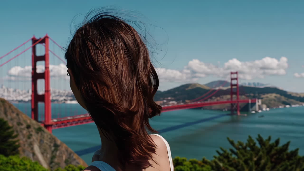 Woman with hair blowing in the wind overlooking the Golden Gate Bridge