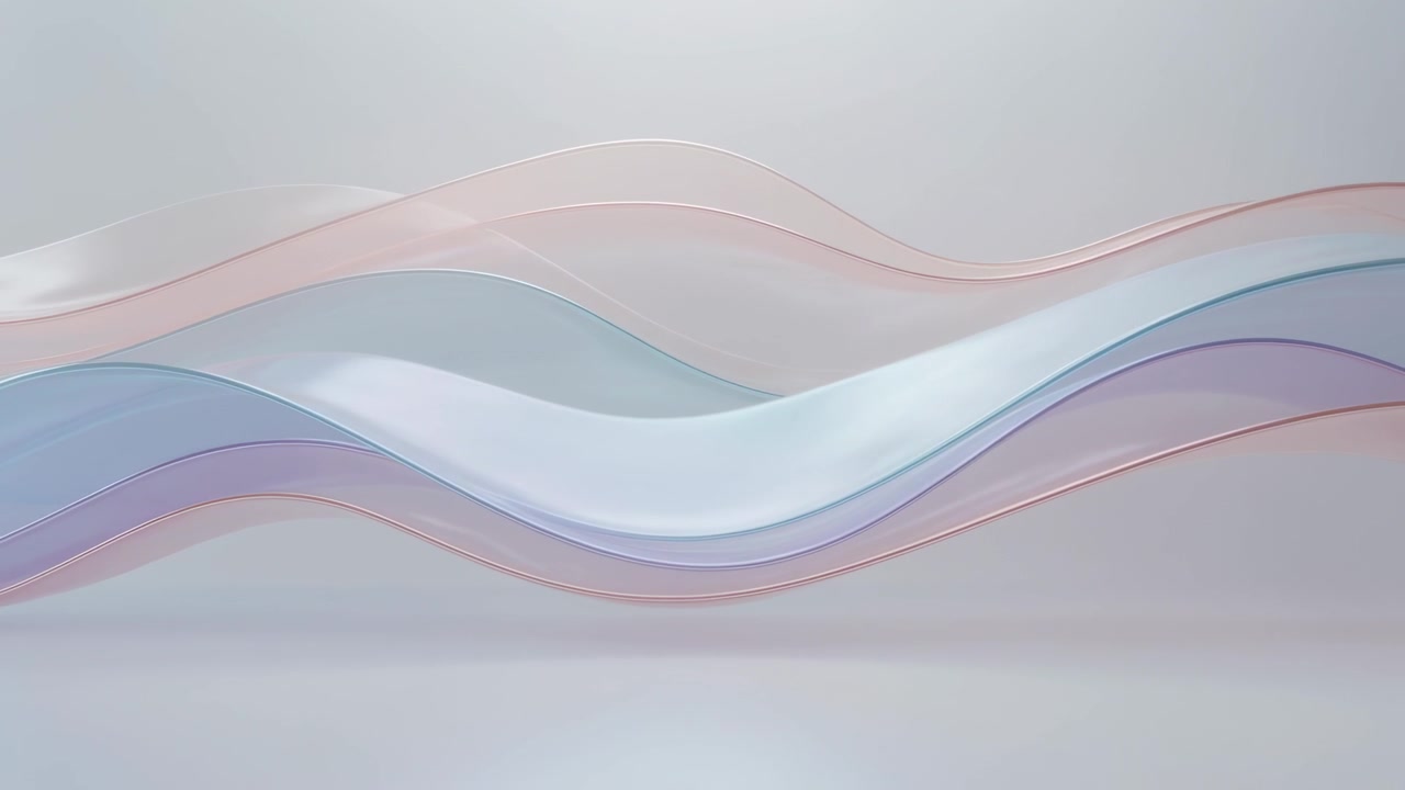 Shifting layered ribbons moving across set, sheen causing central ribbon rising over mirror floor