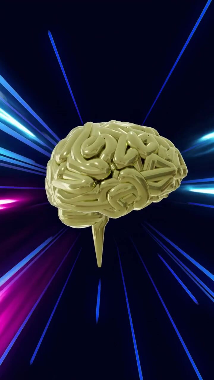 Video verticale: Strisce al neon che accelerano, cervello 3D dorato che ruota, rivelando circonvoluzioni e punti luce.