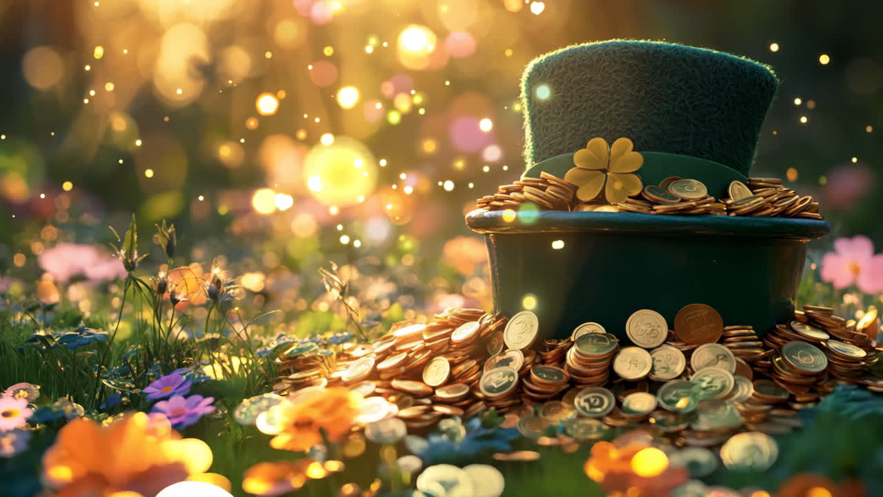A green hat with a shamrock on it sits on a pile of gold coins. The scene is set in a field of flowers, creating a peaceful and whimsical atmosphere