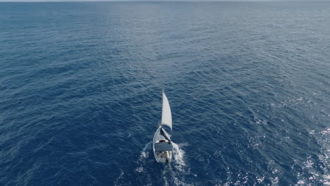 toma cenital aérea de un yate que zarpa, seguida de una toma suave de inclinación hacia arriba que revela el mar vasto y abierto, invitando a la aventura y la exploración