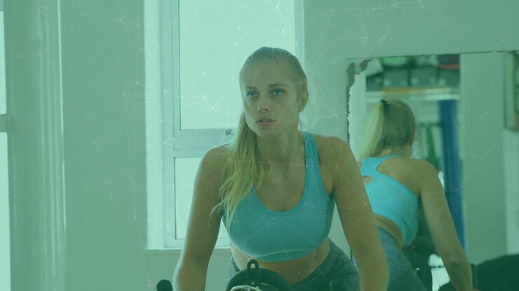 animación de puntos que se conectan con líneas sobre una joven caucásica haciendo ejercicio en el gimnasio