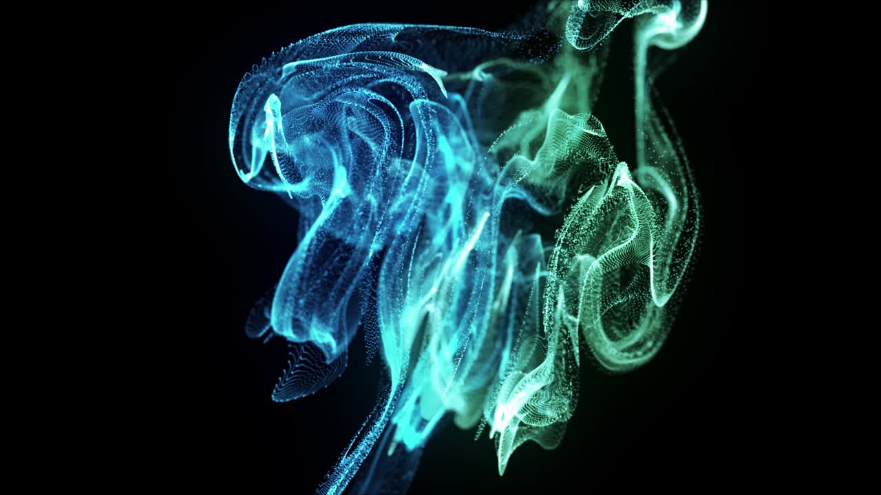 esplosione di particelle 4k - granelli di polvere volanti come funghi - energia digitale astratta a rallentatore sfondo di particelle - esplosione colorata a forma di funghi - particelle volanti che ballano - mille punti volanti - colore blu verde