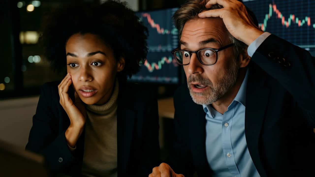 A dramatic video scene with a close-up angle showing two concerned professionals reacting to stock
