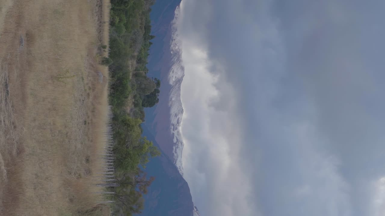 Fields trees and snow capped mountains in Patagonia, Argentina