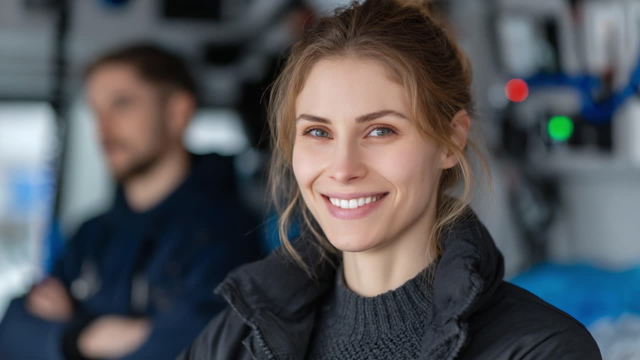 A cheerful woman in a uniform smiles confidently at the camera, with a focused man softly blurred in the background, showcasing a professional and supportive environment