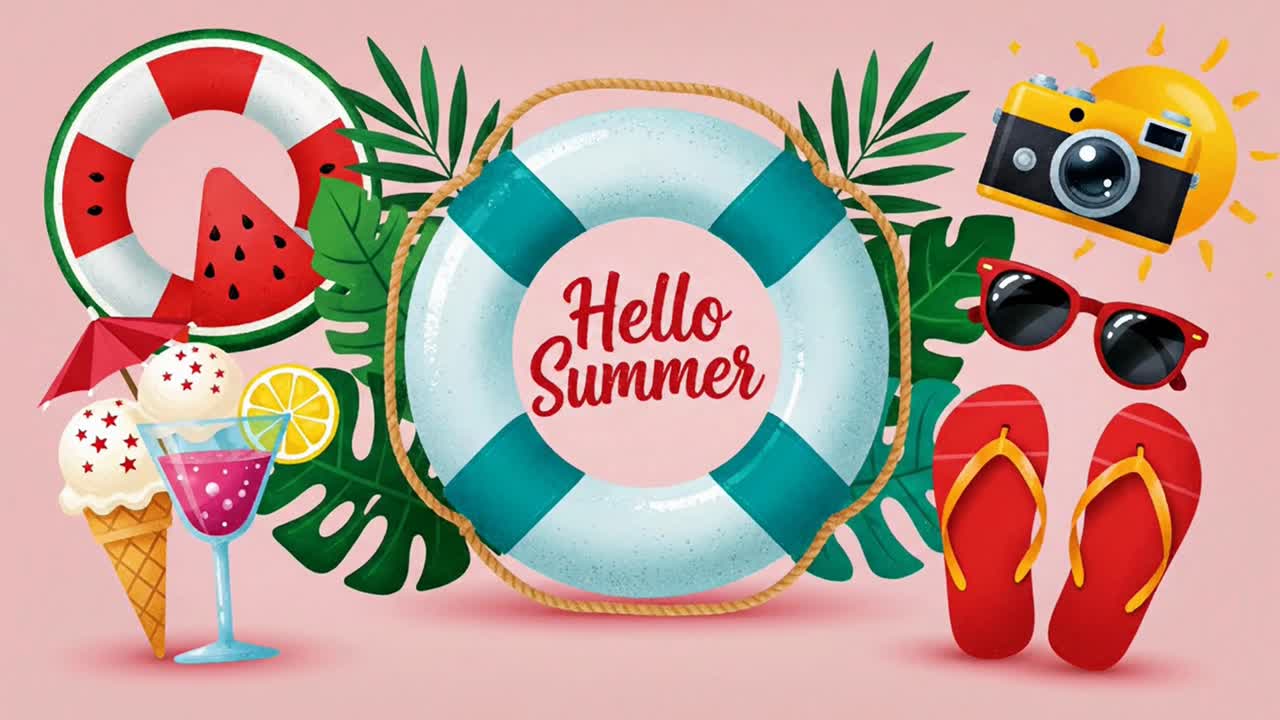 Concepto hola verano con elementos esenciales para las vacaciones y hojas tropicales