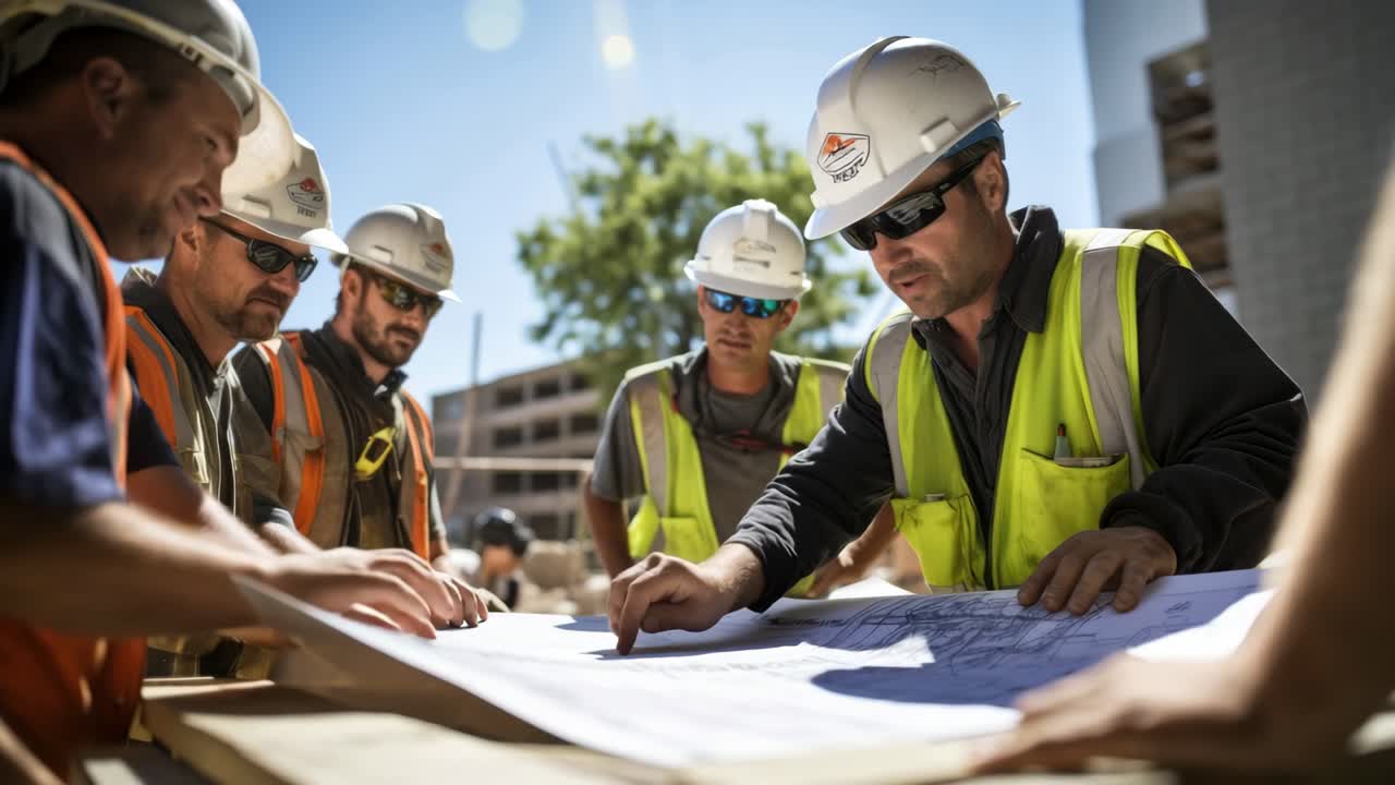 A dynamic, eye-level shot of construction workers in hard hats and vests