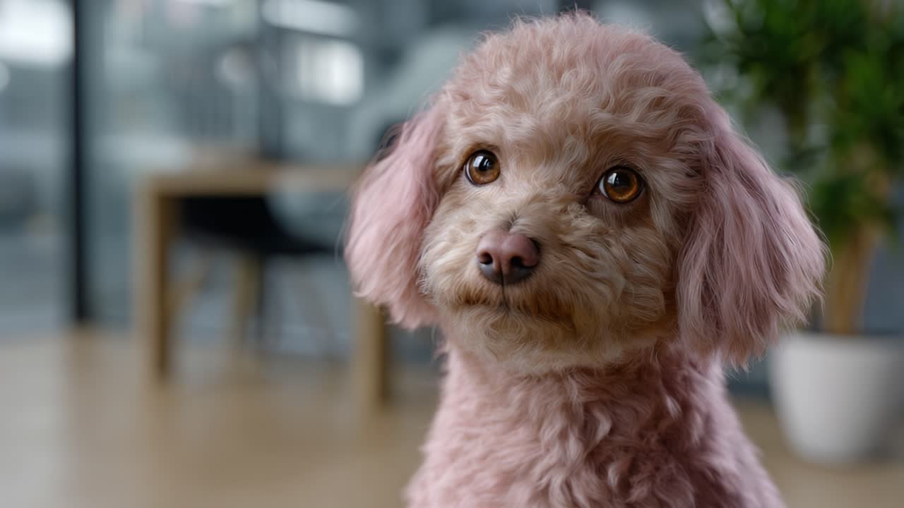 Adorabile cane rosa, soffice e lanuginoso, con occhi pieni di sentimento che guardano direttamente la camera, ripreso in un ambiente interno accogliente e moderno, per immortalare un momento commovente