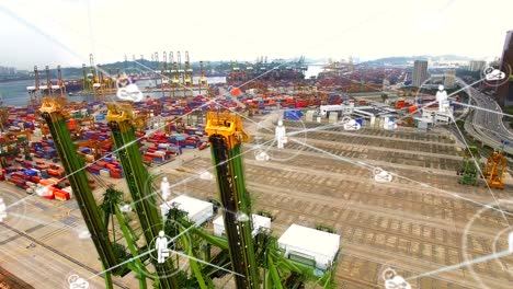 red de iconos digitales contra vista aérea del almacén del puerto marítimo