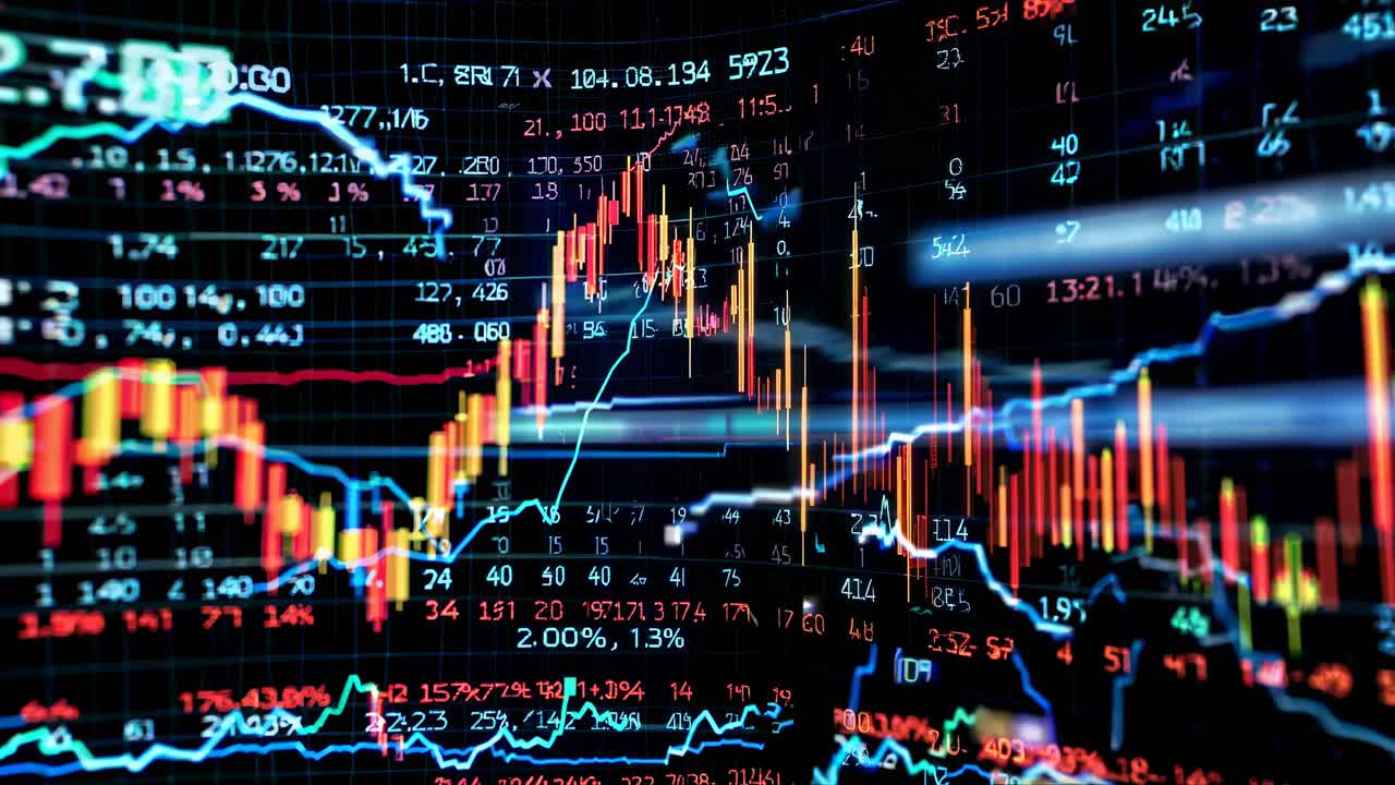 Dynamic close-up angle of a digital stock market display with vibrant graphs and data