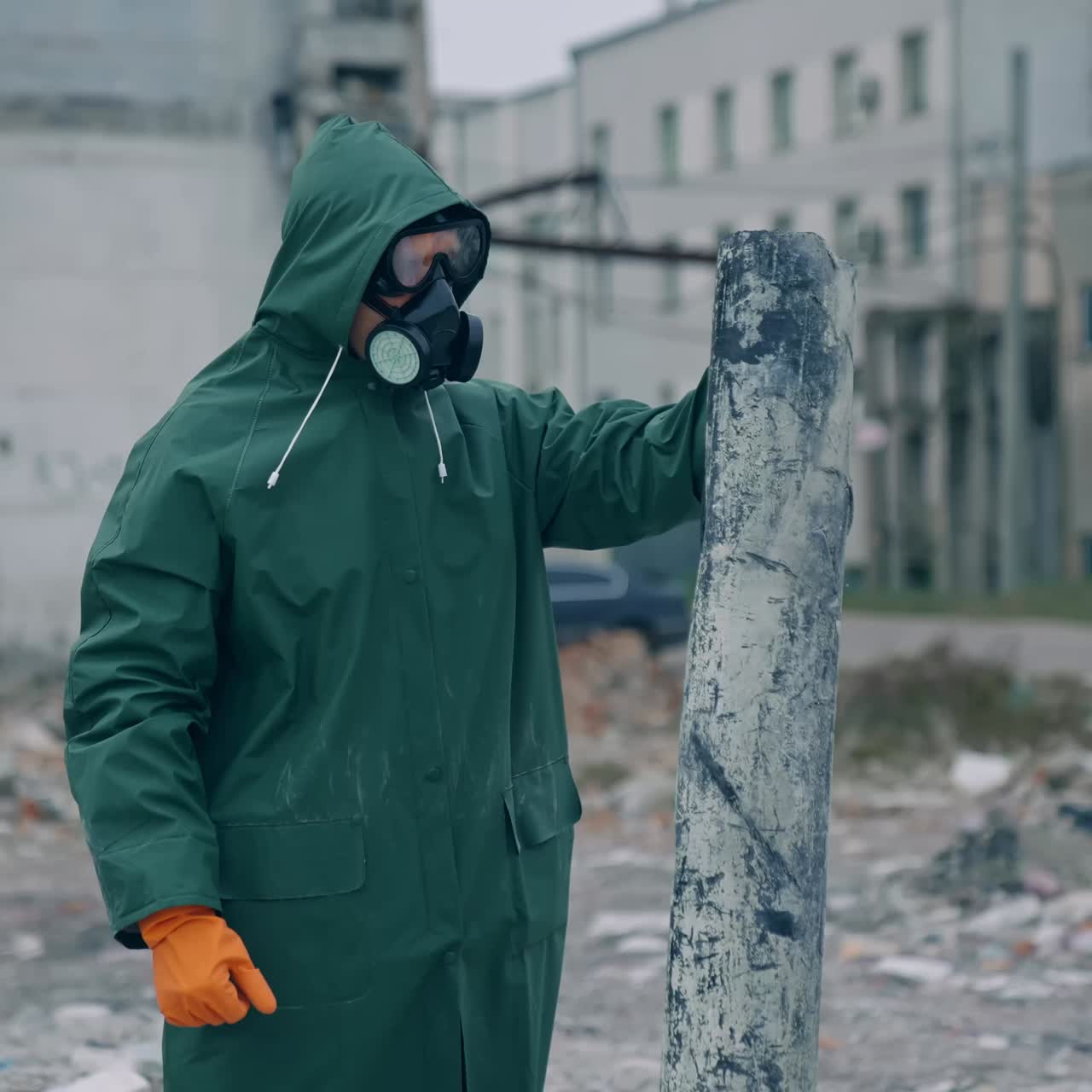 Man in protective chemical clothing. Man in chemical protection in post apocalyptic world
