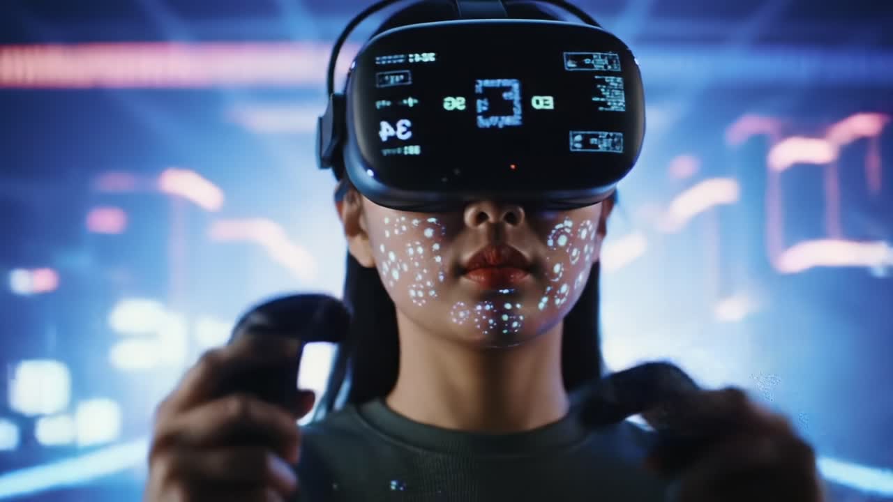 Immersive Virtual Reality Experience: A Focused User Engages with Advanced Technology, Harnessing Controllers to Navigate a Digital Environment with Precision and Insight