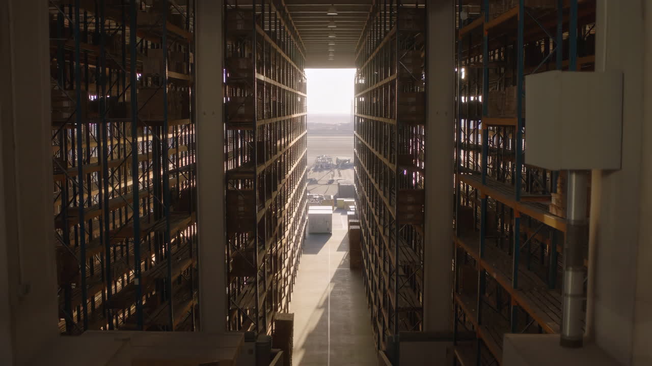 Long Aisle in a Large Warehouse with Tall Shelves