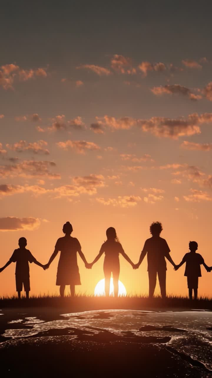 A Heartwarming Sunset Moments: Silhouetted Family Holding Hands Together Against the Backdrop of a Breathtaking Evening Horizon