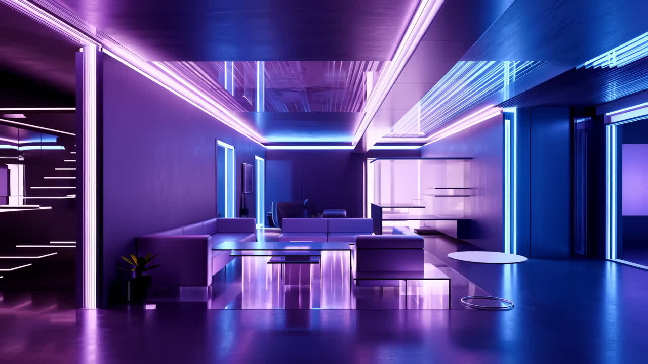 Futuristic Modern Lounge with Vibrant Purple and Blue Neon Lighting