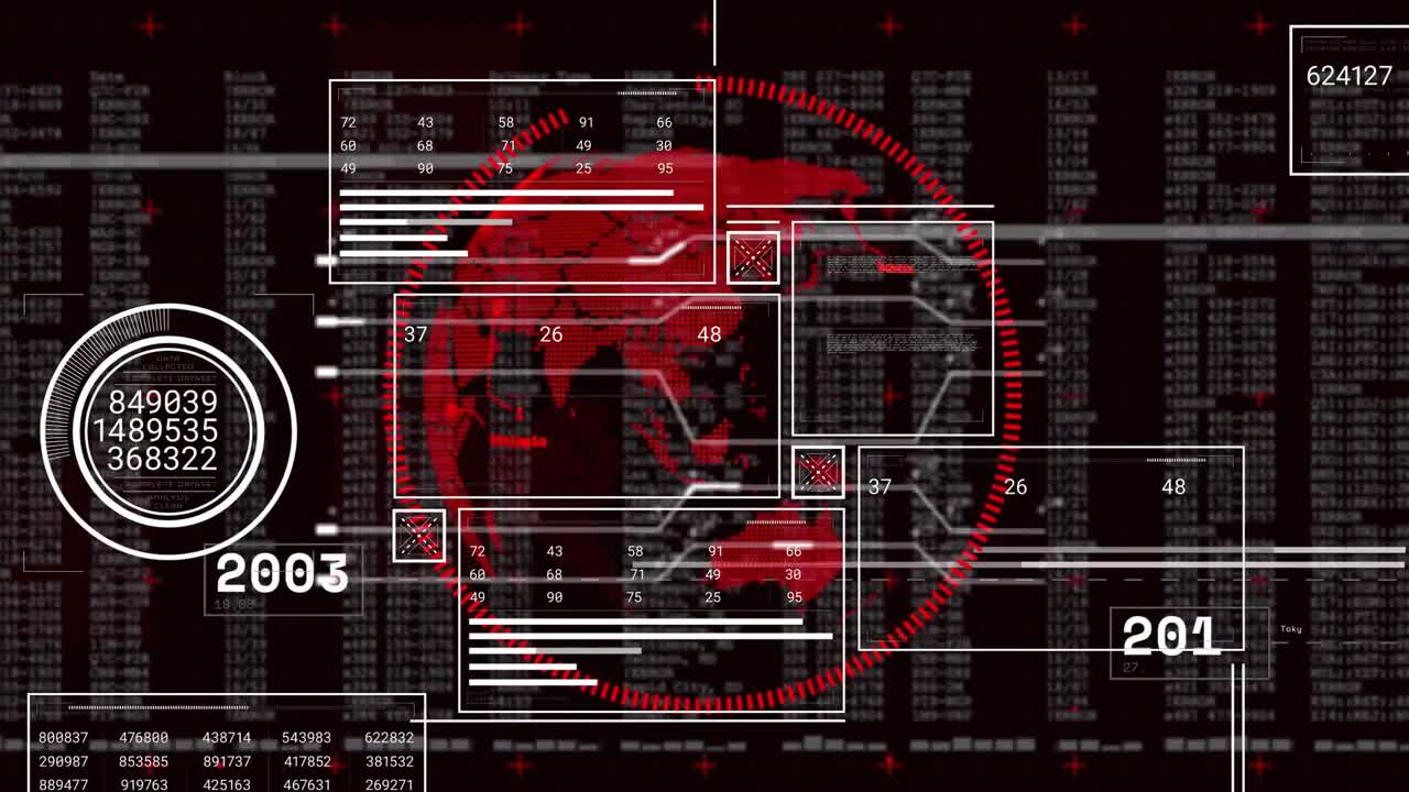Screen fading in showing red globe spinning data panels sliding updating timeline from 2001 to 2020