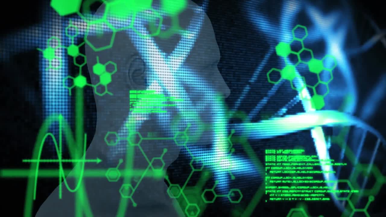 animación del procesamiento de datos científicos con estructuras químicas y hilado de cadenas de adn.