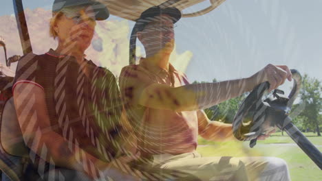two people riding golf cart with swirling abstract animation overlay